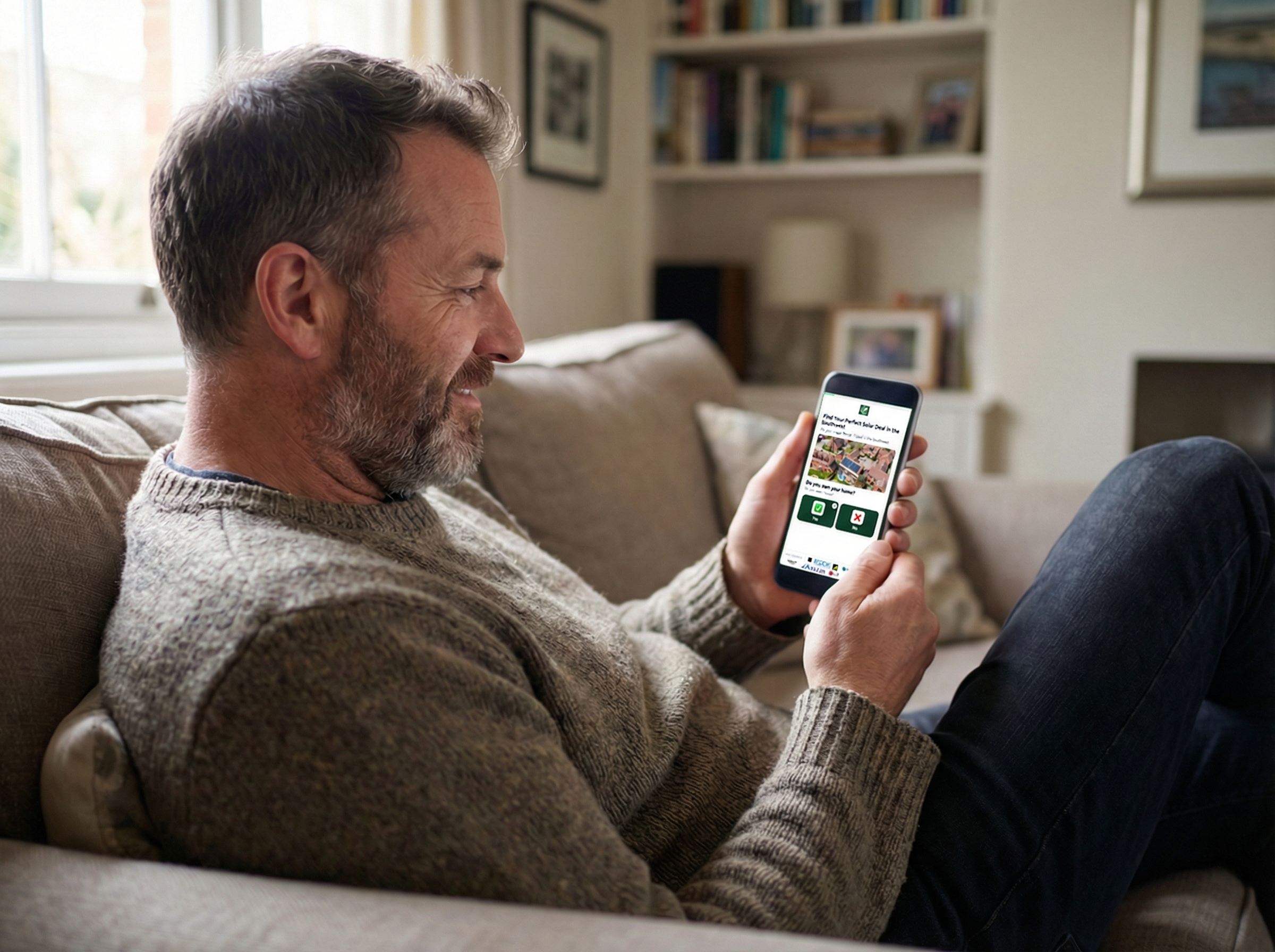 Homeowner reviewing solar monitoring app on their phone in their living room